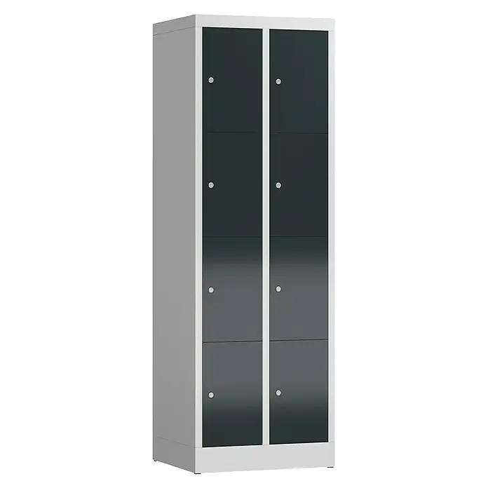Lüllmann ClassiX Schließfachschrank - H x B x T: 180 x 59 x 50 cm, Lichtgrau/Anthrazit, Fertig montiert, Anzahl Fächer: 8 Stk. - Schrank mit acht Fächern und grauen Türen mit silbernen Griffen, ideal für Umkleideräume und Büros zur Aufbewahrung persönlicher Gegenstände.