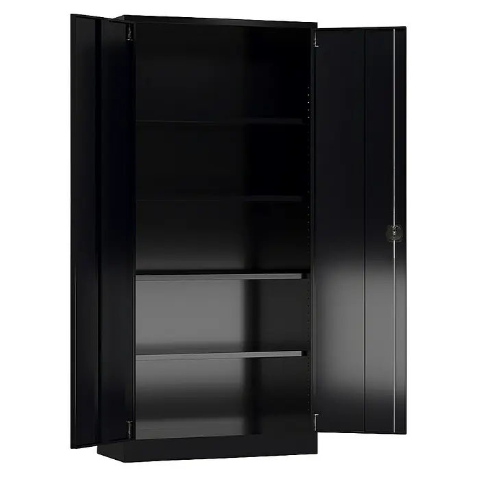 Lüllmann ClassiX Metall-Mehrzweckschrank - H x B x T: 194,5 x 92 x 50 cm, Tiefschwarz, Fertig montiert, Anzahl Böden: 4 Stk. - Ein offener, schwarzer Metallschrank mit verstellbaren Regalen bietet viel Stauraum. Ideal für Werkstatt, Garage oder Büro.