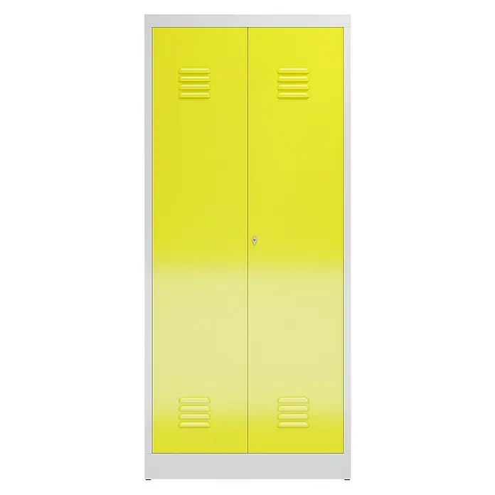 Lüllmann ClassiX Metall-Mehrzweckschrank - H x B x T: 180 x 80 x 50 cm, Lichtgrau/Zinkgelb, Fertig montiert, Anzahl Böden: 4 Stk. - Gelber Metallspind mit zwei Türen und Lüftungsschlitzen für sichere Aufbewahrung. Ideal für Schulen, Büros oder Sporteinrichtungen.