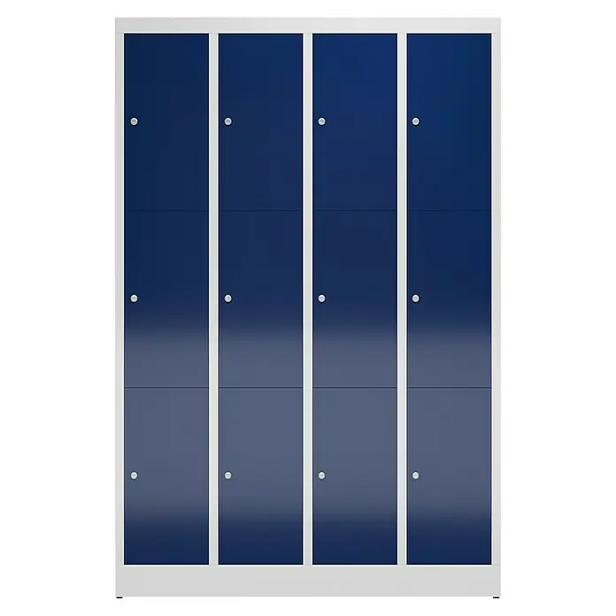 Lüllmann ClassiX Schließfachschrank - H x B x T: 180 x 118,5 x 50 cm, Lichtgrau/Enzianblau, Fertig montiert, Anzahl Fächer: 12 Stk. - Abbildung eines blauen Schranks mit mehreren Fächern und weißen Rahmen. Ideal für Schulen und Fitnessstudios.