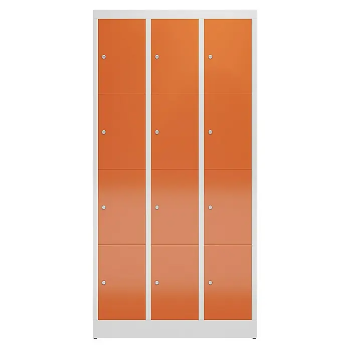 Lüllmann ClassiX Schließfachschrank - H x B x T: 180 x 87 x 50 cm, Lichtgrau/Feuerrot, Fertig montiert, Anzahl Fächer: 12 Stk. - Eine Aufnahme eines Schranks mit zwölf orangefarbenen Fächern in einem weißen Rahmen, der einen sauberen, modernen Stil für die Aufbewahrung bietet.