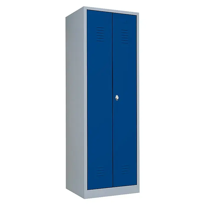 Lüllmann Metall-Mehrzweckschrank - H x B x T: 180 x 60 x 50 cm, Lichtgrau/Enzianblau, Fertig montiert, Anzahl Böden: 4 Stk. - Dieser zweitürige Metallschrank in Blau und Grau bietet robusten Stauraum und ein funktionales Design für verschiedene Umgebungen.