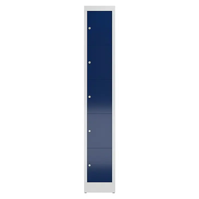 Lüllmann ClassiX Schließfachschrank - H x B x T: 180 x 31 x 50 cm, Lichtgrau/Enzianblau, Fertig montiert, Anzahl Fächer: 5 Stk. - Ein schlanker, blauer Spind mit fünf Fächern und weißen Akzenten, ideal zur Aufbewahrung. Das perfekte Möbelstück für Ordnungsliebhaber.