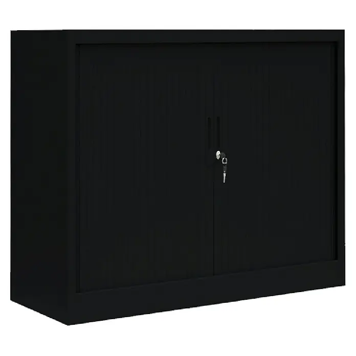 Lüllmann Rollladenschrank - H x B x T: 105 x 120 x 45,7 cm, Tiefschwarz, Fertig montiert, Anzahl Böden: 2 Stk. - Schwarzer Büroschrank mit Schloss und Schlüsseln für die sichere Aufbewahrung wichtiger Dokumente und Büromaterialien.