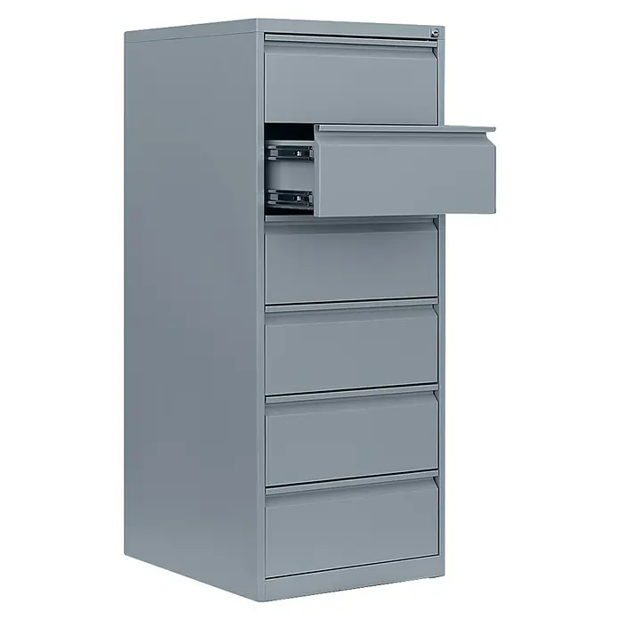 Lüllmann Hängeregisterschrank - H x B x T: 132 x 53 x 62 cm, Lichtgrau, Fertig montiert, Anzahl Schubladen: 6 Stk. - Grauer Metall-Aktenschrank mit sechs Schubladen, wobei eine Schublade offen ist, was die Funktionalität des Produkts hervorhebt.