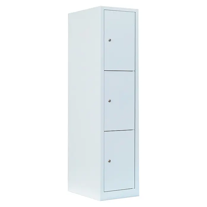Lüllmann Schließfachschrank - H x B x T: 180 x 41,5 x 50 cm, Signalweiß, Fertig montiert, Anzahl Fächer: 3 Stk. - Ein schmaler, weißer Aktenschrank mit drei abschließbaren Fächern, ideal für Büro oder Lagerung. Robuste Konstruktion für den täglichen Gebrauch.