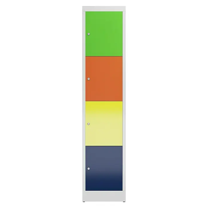 Lüllmann ClassiX Schließfachschrank - H x B x T: 180 x 41,5 x 50 cm, Lichtrgau/Mehrfarbig, Fertig montiert, Anzahl Fächer: 4 Stk. - Der bunte Garderobenschrank mit vier Türen in Grün, Orange, Gelb und Blau bietet eine farbenfrohe Aufbewahrungslösung.