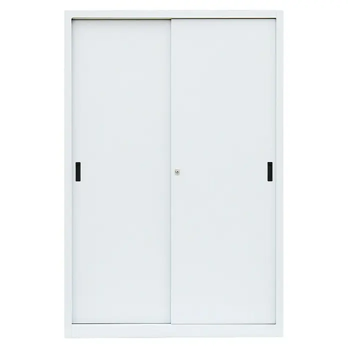 Lüllmann Schiebetür Schrank - H x B x T: 195 x 120 x 45 cm, Signalweiß, Fertig montiert, Anzahl Böden: 4 Stk. - Schrank mit weißen Schiebetüren und schwarzen Griffen. Praktische Aufbewahrungslösung für Büro oder Zuhause mit elegantem Design.