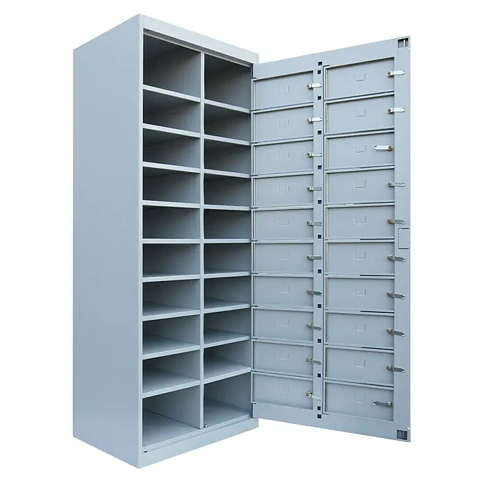 Lüllmann Fächerschrank - H x B x T: 180 x 74 x 50 cm, Lichtgrau, Fertig montiert, Anzahl Fächer: 20 Stk. - Offener grauer Metallschrank mit Fächern und abschließbaren Fächern, ideal für Büro oder Werkstatt.