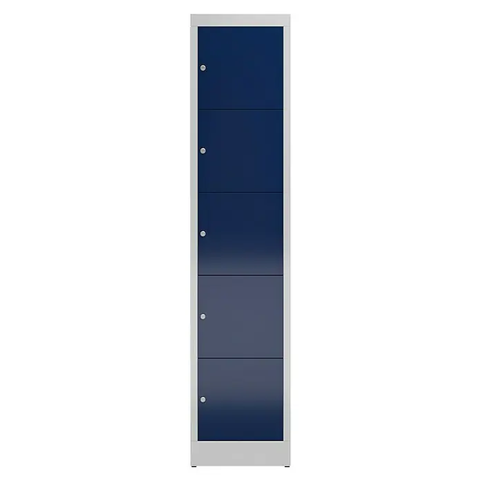 Lüllmann ClassiX Schließfachschrank - H x B x T: 180 x 41,5 x 50 cm, Lichtgrau/Enzianblau, Fertig montiert, Anzahl Fächer: 5 Stk. - Ein schlanker, hoher blauer Schrank mit fünf Fächern und silbernen Griffen, ideal für Büro oder Schule.