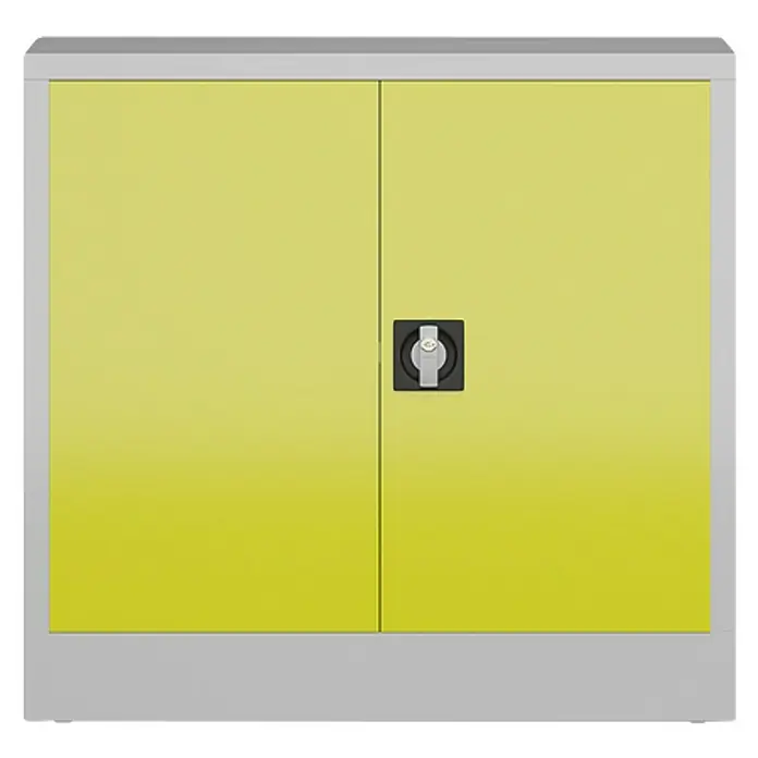 Lüllmann ClassiX Metall-Mehrzweckschrank - H x B x T: 75 x 80 x 38 cm, Lichtgrau/Zinkgelb, Fertig montiert, Anzahl Böden: 1 Stk. - Gelber abschließbarer Stahlschrank mit zwei Türen und grauem Rahmen für Büro oder Werkstatt zur sicheren Aufbewahrung von Dokumenten und Werkzeugen.