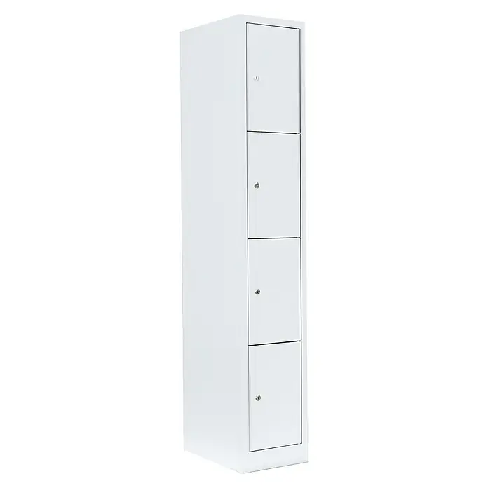Lüllmann Schließfachschrank - H x B x T: 180 x 31,5 x 50 cm, Signalweiß, Fertig montiert, Anzahl Fächer: 4 Stk. - Ansicht eines weißen Metallschranks mit vier Fächern, die jeweils mit einem Drehschloss versehen sind. Ideal zur sicheren Aufbewahrung von persönlichen Gegenständen.