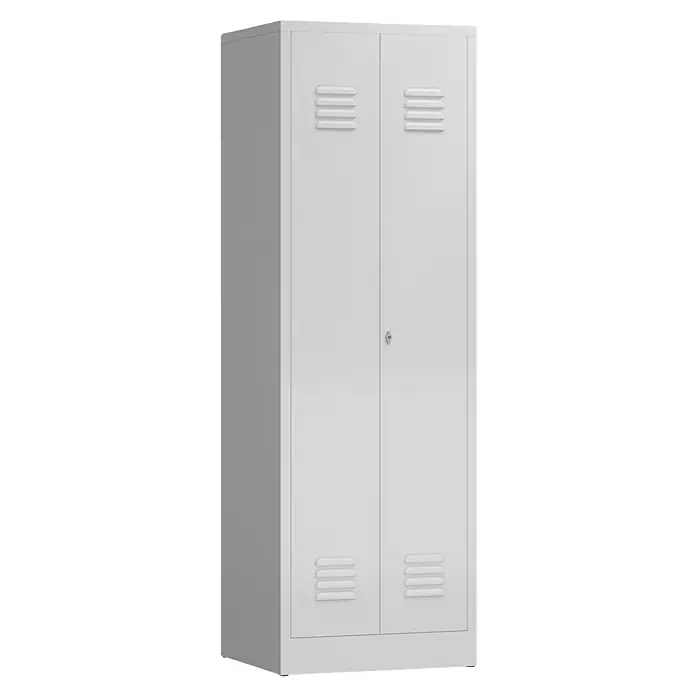 Lüllmann ClassiX Metall-Mehrzweckschrank - H x B x T: 180 x 59 x 50 cm, Signalweiß, Fertig montiert, Anzahl Böden: 4 Stk. - Ein weißer Metallspind mit zwei Türen und Belüftungsschlitzen. Der Spind ist ideal für die Aufbewahrung von Kleidung und Gegenständen.