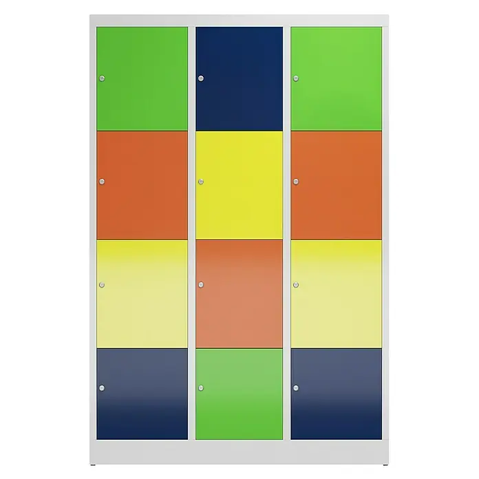 Lüllmann ClassiX Schließfachschrank - H x B x T: 180 x 118,5 x 50 cm, Lichtrgau/Mehrfarbig, Fertig montiert, Anzahl Fächer: 12 Stk. - Bunte Schließfächer in einer Dreierreihe. Die Schränke sind aus robustem Material gefertigt und bieten viel Stauraum.