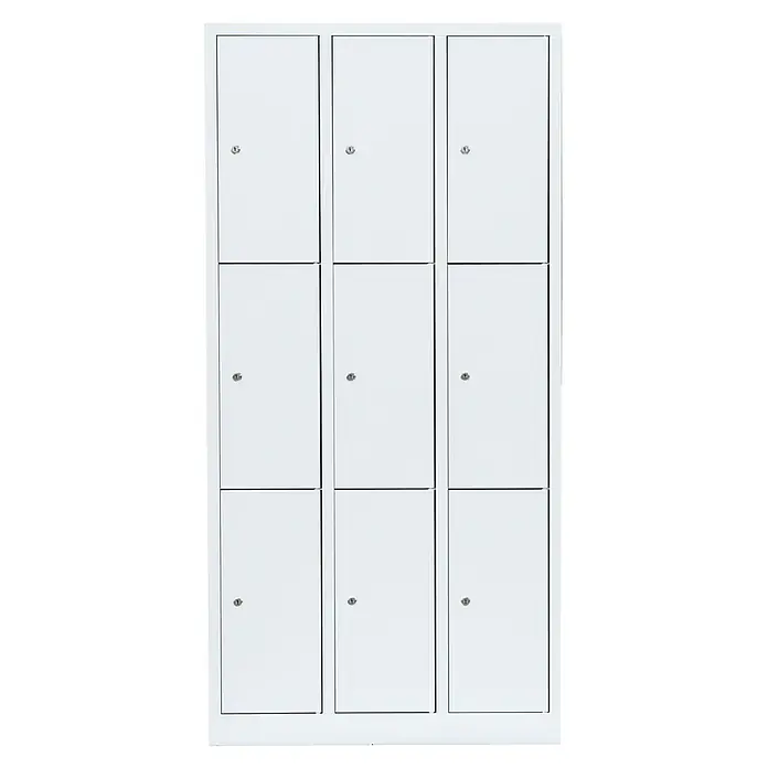 Lüllmann Schließfachschrank - H x B x T: 180 x 88,5 x 50 cm, Signalweiß, Fertig montiert, Anzahl Fächer: 9 Stk. - Schrank mit neun Fächern. Der Metallschrank verfügt über abschließbare Fächer mit einem Schlüssel für Sicherheit und Aufbewahrung.