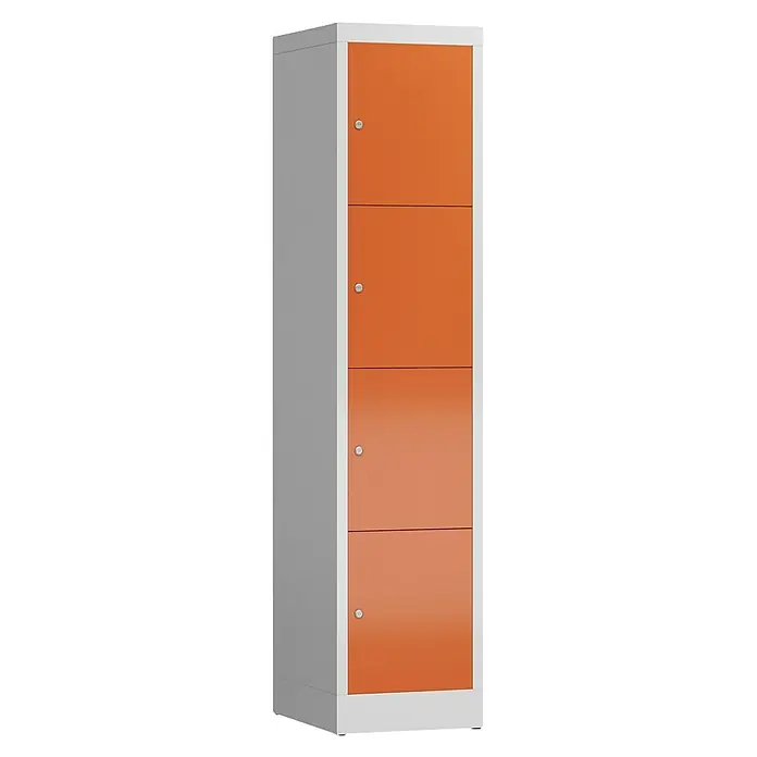 Lüllmann ClassiX Schließfachschrank - H x B x T: 180 x 41,5 x 50 cm, Lichtgrau/Feuerrot, Fertig montiert, Anzahl Fächer: 4 Stk. - Ein schlanker, hoher Spind mit vier orangefarbenen Türen und einem grauen Rahmen bietet viel Stauraum auf kleiner Fläche.