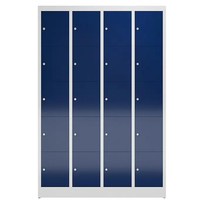 Lüllmann ClassiX Schließfachschrank - H x B x T: 180 x 118,5 x 50 cm, Lichtgrau/Enzianblau, Fertig montiert, Anzahl Fächer: 20 Stk. - Blauer Spindschrank mit vier Spalten und jeweils vier Fächern in einem weißen Rahmen.