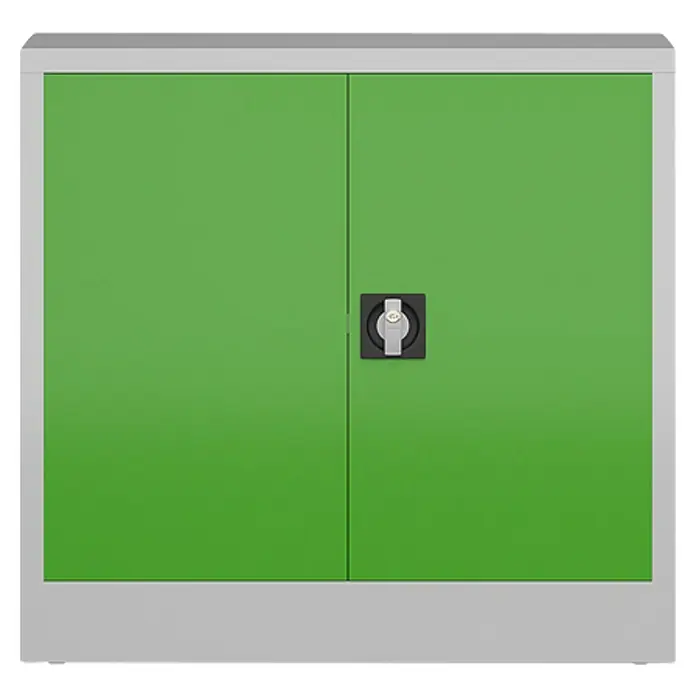Lüllmann ClassiX Metall-Mehrzweckschrank - H x B x T: 75 x 80 x 38 cm, Lichtgrau/Gelbgrün, Fertig montiert, Anzahl Böden: 1 Stk. - Ein grüner Metallschrank mit zwei Türen und einem schwarzen Drehknopf bietet sicheren Stauraum. Ideal für Büro oder Werkstatt.