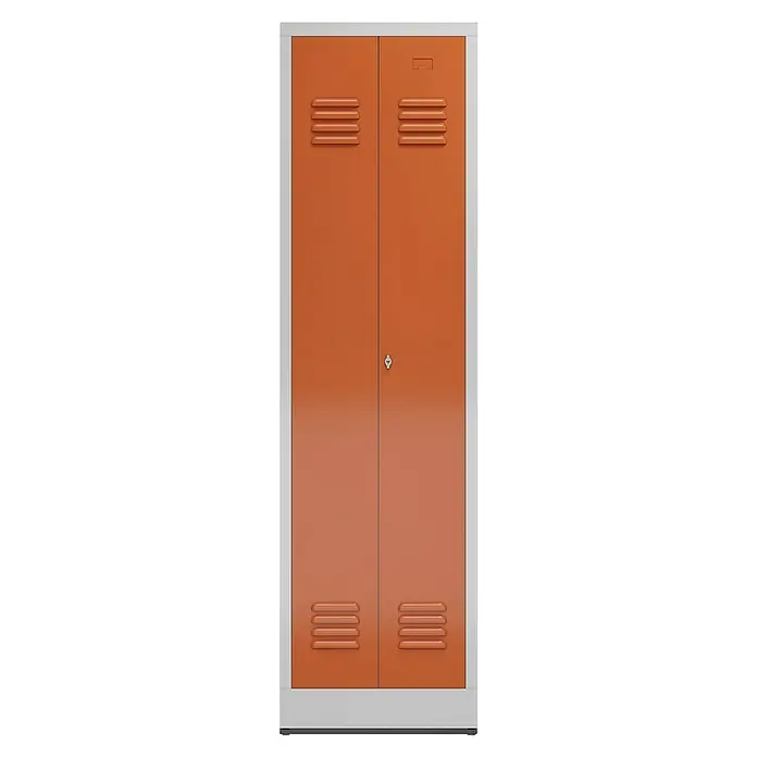 Lüllmann ClassiX Doppelspind - H x B x T: 180 x 50 x 50 cm, Lichtgrau/Feuerrot, Fertig montiert, Anzahl Fächer: 2 Stk. - Ein orangefarbener Metallspind mit zwei Türen und silbernem Rahmen, der sich ideal für die Aufbewahrung eignet.