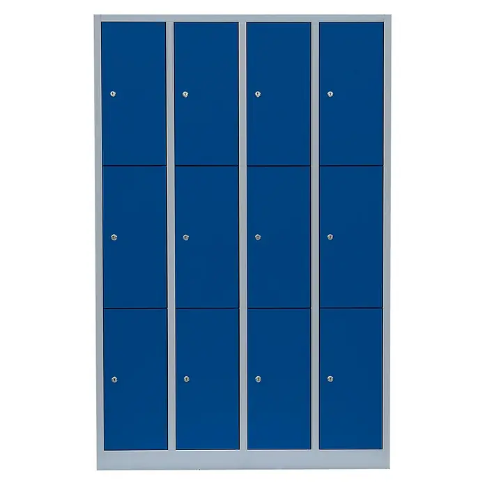 Lüllmann Schließfachschrank - H x B x T: 180 x 117 x 50 cm, Lichtgrau/Enzianblau, Fertig montiert, Anzahl Fächer: 12 Stk. - Blaue Schließfächer mit silberfarbenem Rahmen.Ideal für Schulen, Fitnessstudios oder Arbeitsplätze, bieten sichere Aufbewahrung.