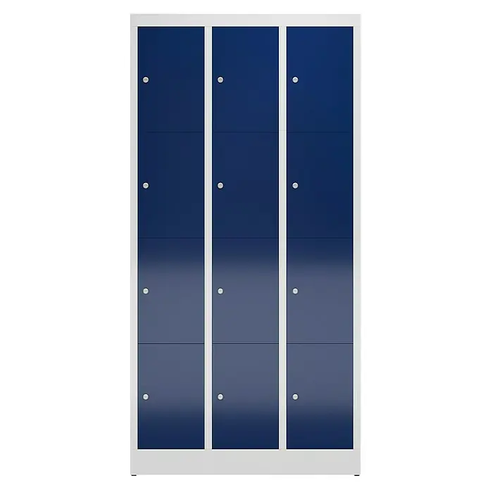 Lüllmann ClassiX Schließfachschrank - H x B x T: 180 x 87 x 50 cm, Lichtgrau/Enzianblau, Fertig montiert, Anzahl Fächer: 12 Stk. - Blauer Garderobenschrank mit zwölf Fächern und weißen Akzenten. Ideal zur sicheren Aufbewahrung von persönlichen Gegenständen in Schulen oder Fitnessstudios.