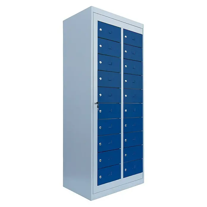 Lüllmann Fächerschrank - H x B x T: 180 x 74 x 50 cm, Lichtgrau/Enzianblau, Fertig montiert, Anzahl Fächer: 20 Stk. - Bild eines blauen Schließfachschranks mit vielen Fächern und Schlüsseln an der Seite, ideal für die sichere Aufbewahrung persönlicher Gegenstände.