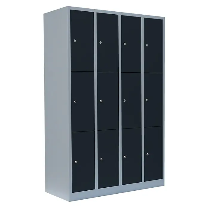 Lüllmann Schließfachschrank - H x B x T: 180 x 117 x 50 cm, Lichtgrau/Anthrazit, Fertig montiert, Anzahl Fächer: 12 Stk. - Metallschrank mit zwölf Fächern und grauem Rahmen. Ideal für Schulen, Sportvereine und Umkleideräume.