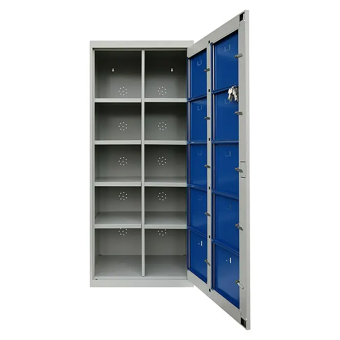 Lüllmann Fächerschrank - H x B x T: 180 x 74 x 50 cm, Lichtgrau/Enzianblau, Fertig montiert, Anzahl Fächer: 10 Stk. - Ein offener grauer Spind mit blauen Türen und mehreren Fächern. Ideal für die Aufbewahrung von Gegenständen.