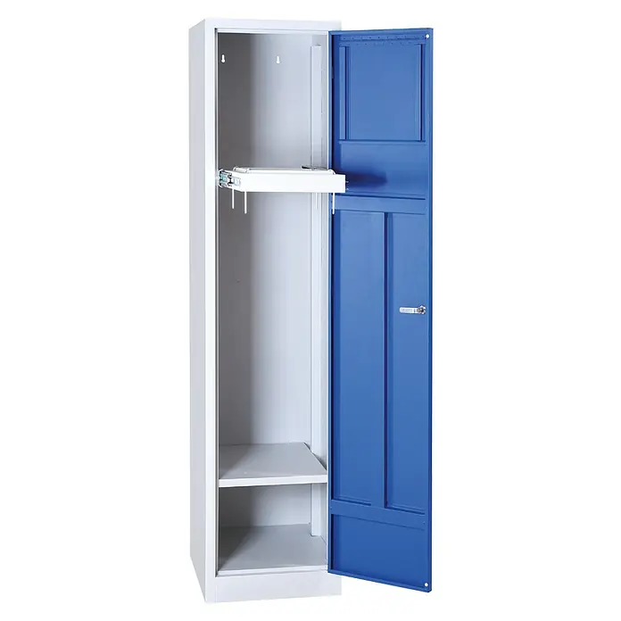 Lüllmann Wäscheschrank - H x B x T: 180 x 41,5 x 50 cm, Lichtgrau/Enzianblau, Fertig montiert, Anzahl Türen: 1 Stk. - Offener, weißer Metallschrank mit verstellbaren Einlegeböden und einer blauen Tür, der vielseitigen Stauraum bietet.