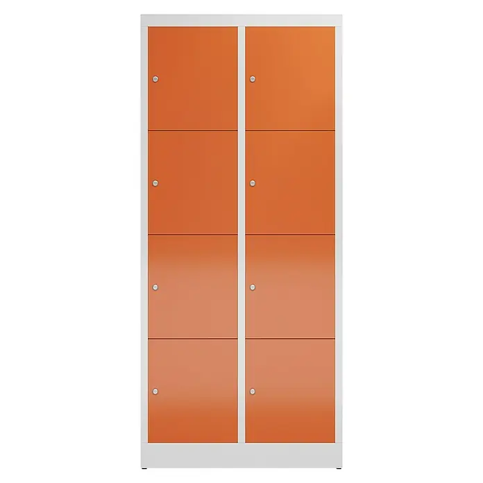 Lüllmann ClassiX Schließfachschrank - H x B x T: 180 x 80 x 50 cm, Lichtgrau/Feuerrot, Fertig montiert, Anzahl Fächer: 8 Stk. - Abbildung eines Schranks mit orangefarbenen Türen und weißem Rahmen. Ideal zur Aufbewahrung von persönlichen Gegenständen oder Kleidung.