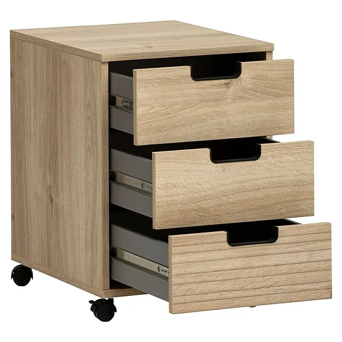 Schildmeyer Emmik Rollcontainer - L x B x H: 50 x 40 x 57 cm, Eiche, Anzahl Schubladen: 3 Stk. - Büroschrank mit drei Schubladen in Holzoptik und Rollen für einfache Mobilität, ideal für die Aufbewahrung von Dokumenten und Büromaterial.
