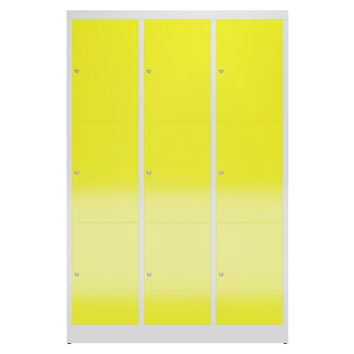 Lüllmann ClassiX Schließfachschrank - H x B x T: 180 x 118,5 x 50 cm, Lichtgrau/Zinkgelb, Fertig montiert, Anzahl Fächer: 9 Stk. - Gelbe Schließfächer mit drei Fächern und silberfarbenen Rahmen. Ideal für Schulen, Fitnessstudios oder Büros zur Aufbewahrung persönlicher Gegenstände.