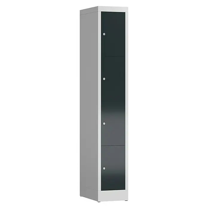 Lüllmann ClassiX Schließfachschrank - H x B x T: 180 x 31 x 50 cm, Lichtgrau/Anthrazit, Fertig montiert, Anzahl Fächer: 4 Stk. - Ein schlanker, grauer Stahlschrank mit vier abschließbaren Fächern, ideal für Büro oder Schule. Robuste Konstruktion und modernes Design.