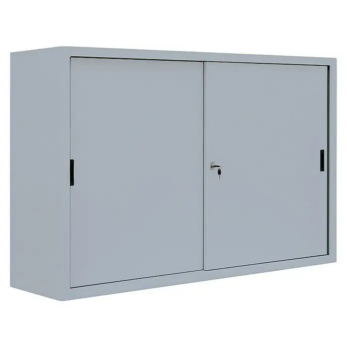 Lüllmann Schiebetür Schrank - H x B x T: 109 x 160 x 45 cm, Lichtgrau, Fertig montiert, Anzahl Böden: 2 Stk. - Grauer Aktenschrank mit Schiebetüren und Schloss für Büro oder Arbeitszimmer. Praktische Aufbewahrungslösung für Dokumente und Büromaterial.