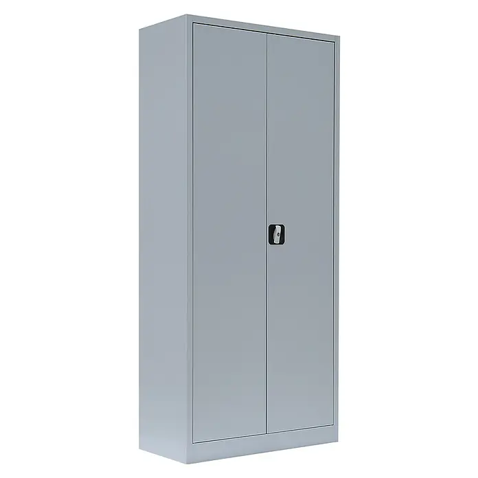 Lüllmann Metall-Mehrzweckschrank - H x B x T: 180 x 80 x 38,3 cm, Lichtgrau, Fertig montiert, Anzahl Böden: 4 Stk. - Ein grauer, abschließbarer Büroschrank mit zwei Türen und einem silberfarbenen Griff bietet praktischen Stauraum für Akten und Büromaterialien.