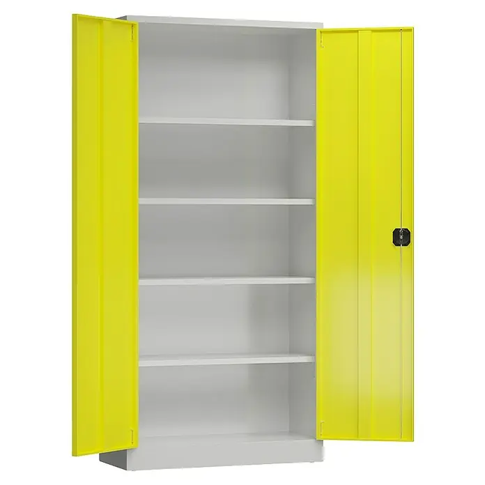 Lüllmann ClassiX Metall-Mehrzweckschrank - H x B x T: 194,5 x 92 x 42 cm, Lichtgrau/Zinkgelb, Fertig montiert, Anzahl Böden: 4 Stk. - Ein offener, grauer Aktenschrank mit gelben Türen und mehreren Regalen. Perfekt für die Büroorganisation.