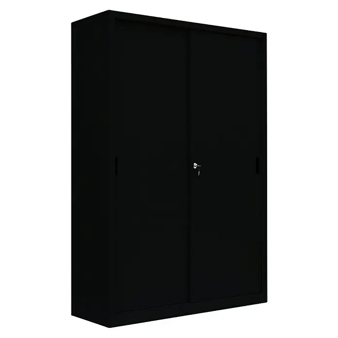 Lüllmann Schiebetür Schrank - H x B x T: 195 x 120 x 45 cm, Tiefschwarz, Fertig montiert, Anzahl Böden: 4 Stk. - Schwarzer Schiebetürenschrank mit Schloss für Büro oder Werkstatt. Ideal zur sicheren Aufbewahrung von Akten und Werkzeugen.