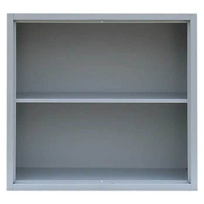 Lüllmann Aktenregal - H x B x T: 75 x 80 x 38,3 cm, Traglast pro Boden: 65 kg, Anzahl Böden: 1 Stk., Lichtgrau - Abbildung eines grauen Metallschranks mit zwei Regalen zur Aufbewahrung verschiedener Gegenstände.