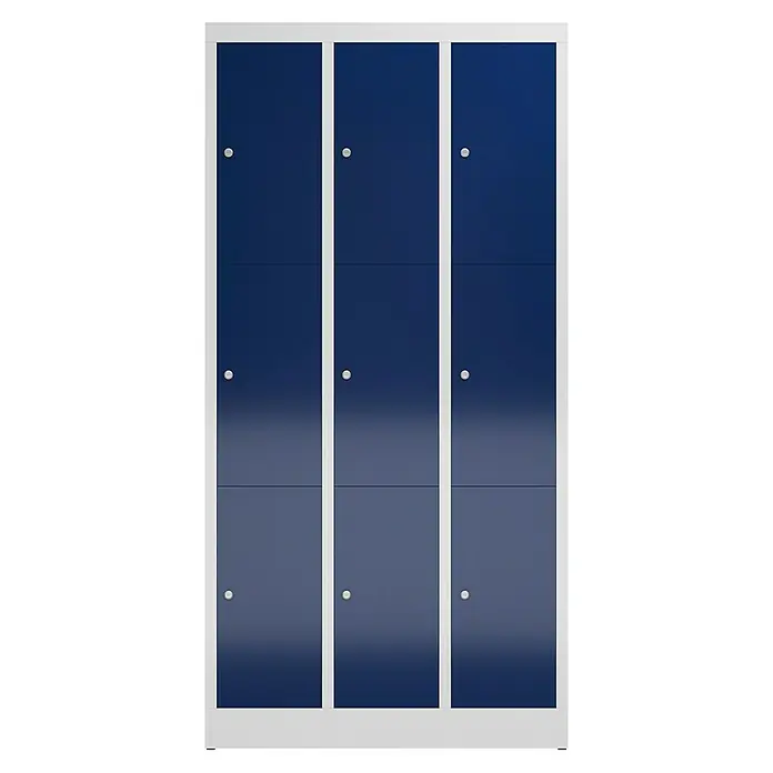 Lüllmann ClassiX Schließfachschrank - H x B x T: 180 x 87 x 50 cm, Lichtgrau/Enzianblau, Fertig montiert, Anzahl Fächer: 9 Stk. - Diese Aufnahme zeigt einen blauen Spind mit einem weißen Rahmen, der für die Aufbewahrung konzipiert ist. Der robuste Spind bietet viel Stauraum.
