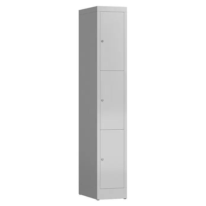 Lüllmann ClassiX Schließfachschrank - H x B x T: 180 x 31 x 50 cm, Lichtgrau, Fertig montiert, Anzahl Fächer: 3 Stk. - Ein schlanker, grauer Spind mit drei abschließbaren Fächern, ideal für die Aufbewahrung persönlicher Gegenstände.