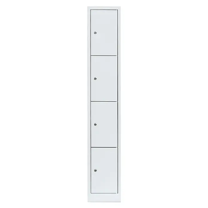 Lüllmann Schließfachschrank - H x B x T: 180 x 31,5 x 50 cm, Signalweiß, Fertig montiert, Anzahl Fächer: 4 Stk. - Ein weißer Spind mit vier Fächern und jeweils einem Schloss, ideal für Büro oder Schule. Robuste Metallkonstruktion für sichere Aufbewahrung.