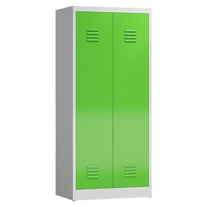 Lüllmann ClassiX Metall-Mehrzweckschrank - H x B x T: 180 x 80 x 50 cm, Lichtgrau/Gelbgrün, Fertig montiert, Anzahl Böden: 4 Stk. - Ein grüner Metallschrank mit zwei Türen und Lüftungsschlitzen, ideal für Büro oder Werkstatt zur Aufbewahrung.