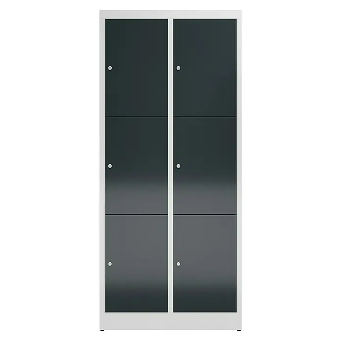 Lüllmann ClassiX Schließfachschrank - H x B x T: 180 x 80 x 50 cm, Lichtgrau/Anthrazit, Fertig montiert, Anzahl Fächer: 6 Stk. - Das Bild zeigt einen schlichten grauen Schrank mit sechs Fächern und weißen Rahmen, ideal für moderne Büros oder Schulen.