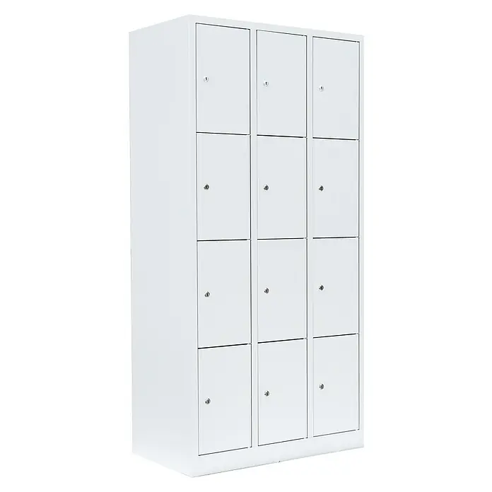 Lüllmann Schließfachschrank - H x B x T: 180 x 88,5 x 50 cm, Signalweiß, Fertig montiert, Anzahl Fächer: 12 Stk. - Schrankreihe mit weißen Schließfächern, ideal für die sichere Aufbewahrung persönlicher Gegenstände.