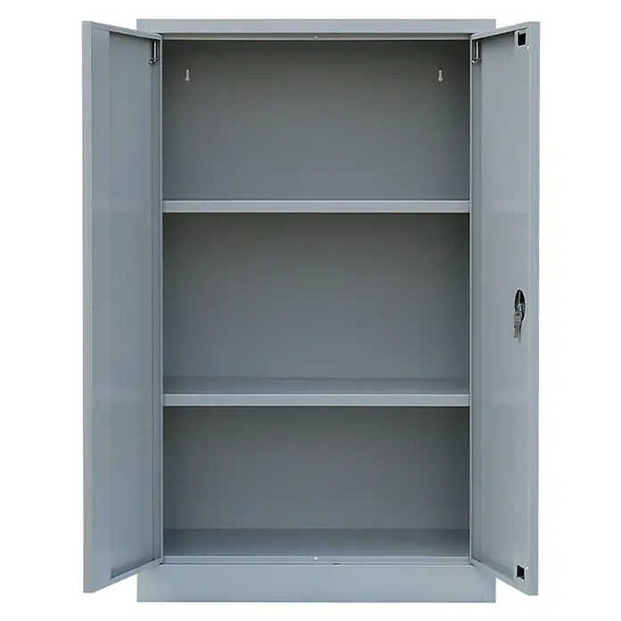 Lüllmann Metall-Mehrzweckschrank - H x B x T: 120 x 80 x 38,3 cm, Lichtgrau, Fertig montiert, Anzahl Böden: 2 Stk. - Ein grauer Metallschrank mit offenen Türen und zwei Einlegeböden. Ideal für Büro oder Werkstatt zur Aufbewahrung von Dokumenten und Werkzeugen.