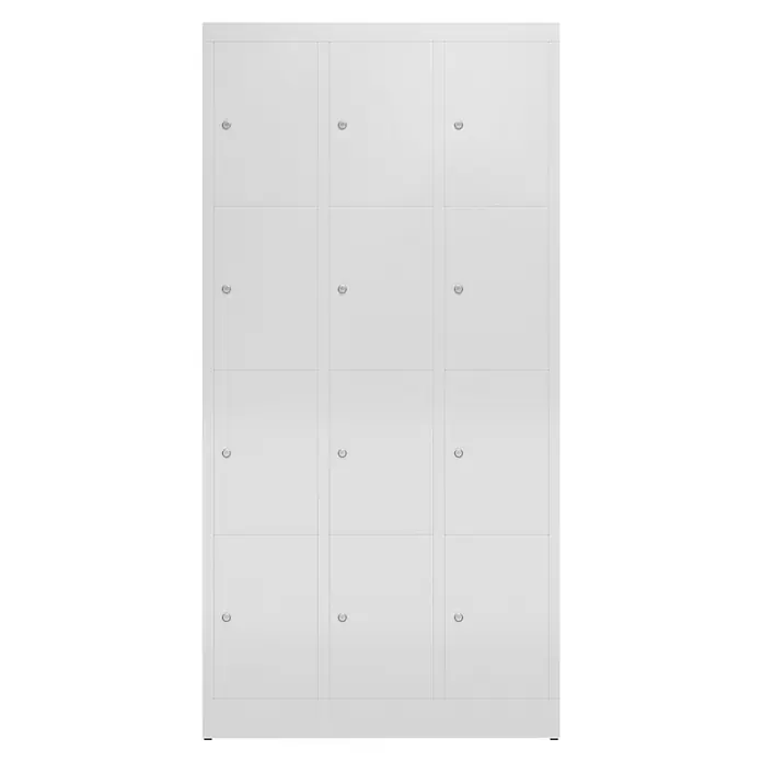 Lüllmann ClassiX Schließfachschrank - H x B x T: 180 x 87 x 50 cm, Lichtgrau, Fertig montiert, Anzahl Fächer: 12 Stk. - Bild eines weißen Spindschranks mit zwölf Fächern, ideal für die Aufbewahrung in Schulen oder Fitnessstudios. Klare Linien und robuste Bauweise.