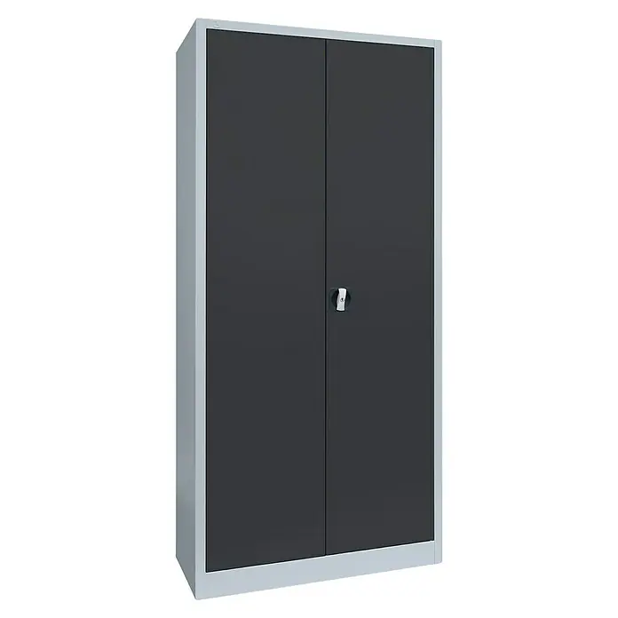 Lüllmann Metall-Mehrzweckschrank - H x B x T: 195 x 92,5 x 42,2 cm, Lichtgrau/Anthrazit, Vormontiert, Anzahl Böden: 3 Stk. - Ein grauer Flügeltürenschrank aus Metall mit silberfarbenem Rahmen und Drehgriffverschluss, ideal für Büro oder Werkstatt.