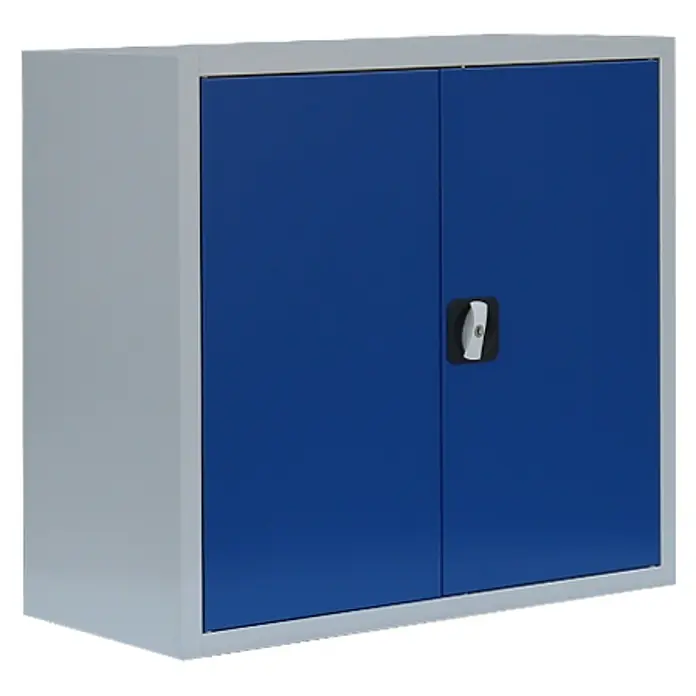 Lüllmann Metall-Mehrzweckschrank - H x B x T: 75 x 80 x 38,3 cm, Lichtgrau/Enzianblau, Fertig montiert, Anzahl Böden: 1 Stk. - Blauer und grauer Büroschrank mit abschließbaren Türen zur sicheren Aufbewahrung von Büromaterial und Dokumenten.