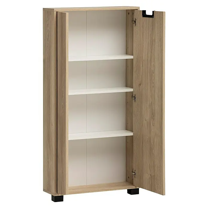 Schildmeyer Emmik Highboard - L x B x H: 19,5 x 59,9 x 124 cm, Eiche, Matt - Ein offener Holzschrank mit drei weißen Einlegeböden bietet viel Stauraum für verschiedene Gegenstände.