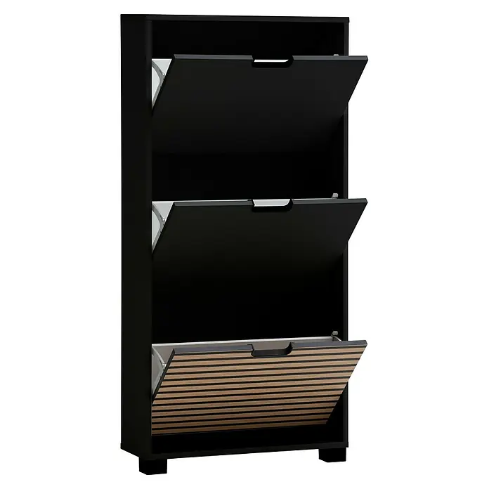 Schildmeyer Ryker Schuhregal - L x B x H: 19,5 x 59,8 x 124 cm, Schwarz, Anzahl Fächer: 3 Stk. - Dieses Bild zeigt einen eleganten Schuhkipper mit drei Fächern, die geöffnet sind und so das Innere des Möbelstücks zeigen.